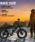 Person standing next to 1500W Peak Electric Fat Tire Mountain Bike for Adults with 32 MPH speed, showing size and weight specs.