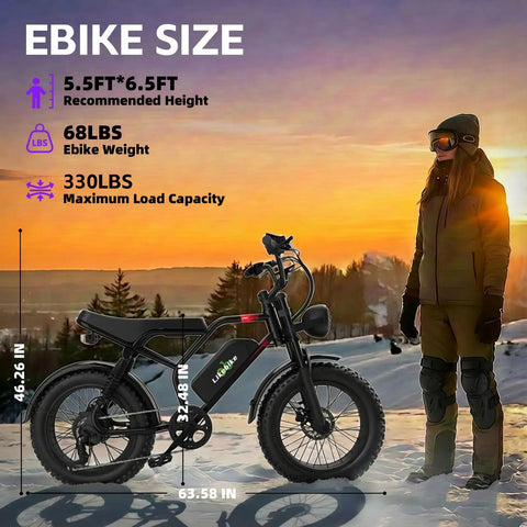 Person standing next to 1500W Peak Electric Fat Tire Mountain Bike for Adults with 32 MPH speed, showing size and weight specs.