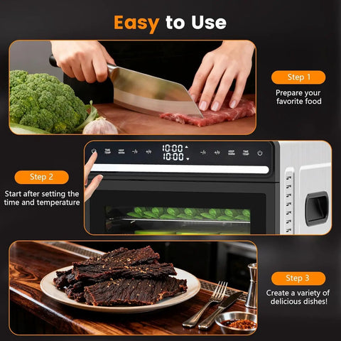 Top Shelf Workhorse Food Dehydrator Featuring 12 Sturdy Steel Trays And Precise Heat Controls Plus Marathon Timer in use for jerky.