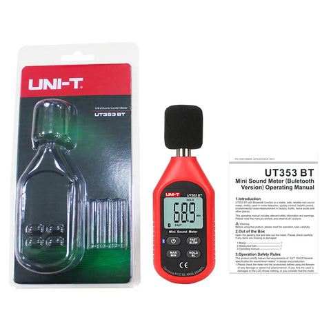 Bluetooth Decibel Meter With App For iOS And Android Digital Sound Level Meter 30 To 130 dB 0.1 dB Resolution packaging and manual