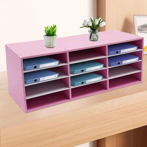 12 Slot Mail Sorter Organizer For Office And Home Desk PVC File Holder with binders on pink top