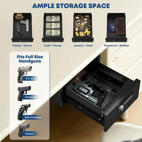 Heavy Duty Steel Under Desk Safe With Keypad Lock Featuring No Sweat Setup Hidden Slide Out Drawer storing handguns.