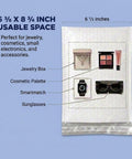 Bubble Mailers 6 Point 5 By 10 Self Seal Padded Envelopes White with jewelry and cosmetics inside, labeled dimensions