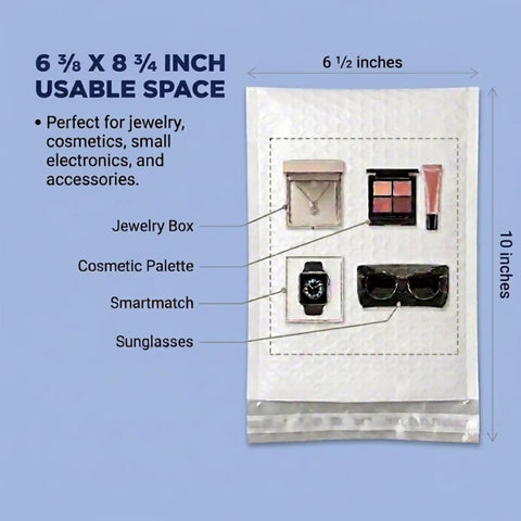 Bubble Mailers 6 Point 5 By 10 Self Seal Padded Envelopes White with jewelry and cosmetics inside, labeled dimensions