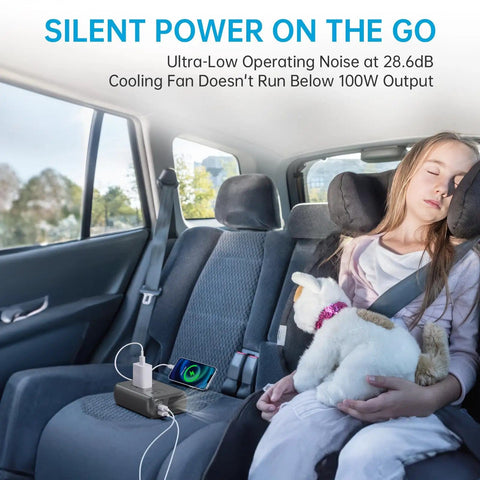 Inside car with 300W Car Power Inverter With Pure Sine Wave 60W PD USB C 2 USB A Ports And Dual 110V AC Outlets, girl sleeping