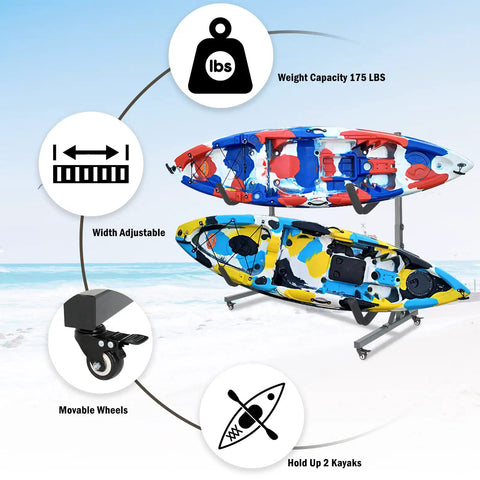 Heavy Duty Kayak Stand And Dual Storage Rack With Rolling Lockable Wheels Hella Durable Steel Adjustable Boat Holders For Garages Sheds And Sup Paddleboards