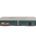 Two Burner Propane Camping Stove With 20,000 BTU Output, compact with closed lid, featuring control knobs, ideal for outdoor use.