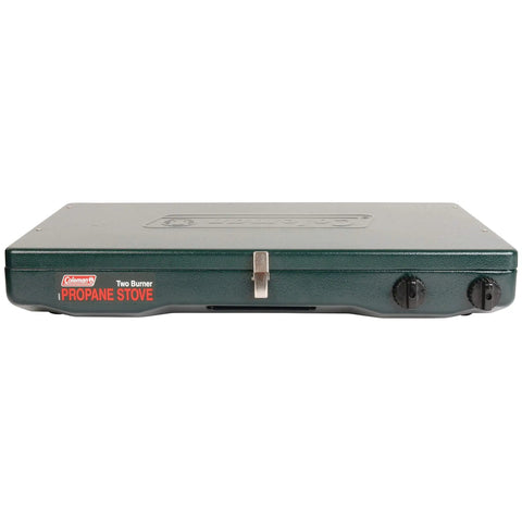 Two Burner Propane Camping Stove With 20,000 BTU Output, compact with closed lid, featuring control knobs, ideal for outdoor use.