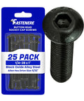 Top Shelf Button Head Socket Cap Screws 1/4-28 X 1 Inch 25 Pack Alloy Steel shown with packaging and single screw, black oxide finish.