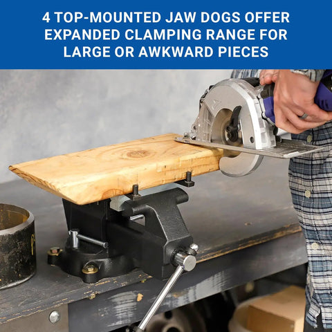 Rock Solid Five Inch Workbench Vise With Knockout Grip Smooth Non Marring Jaws And Heavy Duty Locking Mechanism clamping a wooden plank.