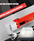 Sicwedim Electric Metal Shear 500W Sheet Metal Cutter with red handle cutting through steel plate in industrial setting.