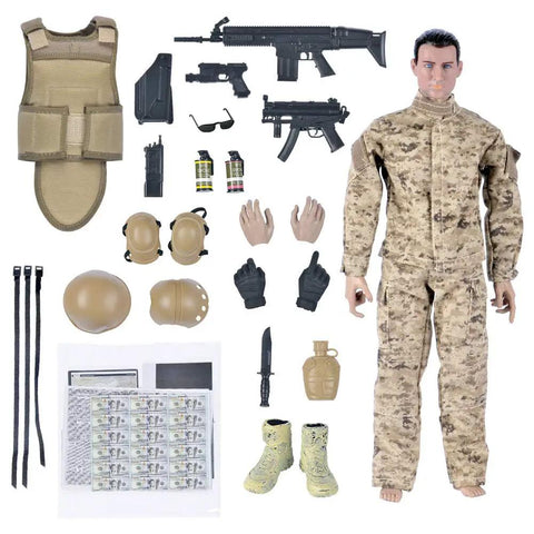 12 Inch One Six Scale Action Figure Set With Fully Poseable Army Special Forces Soldier Digital Desert Camouflage Uniform Removable Gear And Exchangeable Hands For Real Battle Play And Epic Display with full gear and accessories