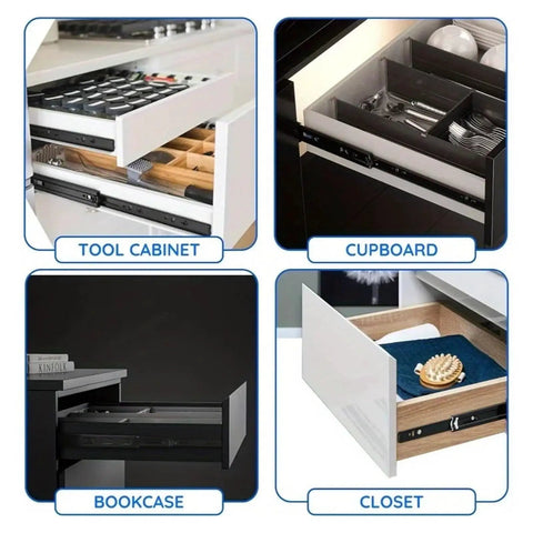 Side Mount Ball Bearing Drawer Slides 1 Pair Beefy Heavy Duty Full Extension Black Rails in various cabinet applications