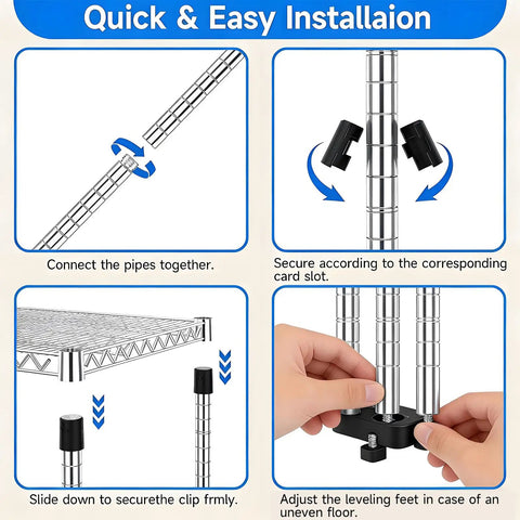 Quick installation guide for Tough As Nails Heavy Duty Wire Shelving Units, 3 Pack Kickass Adjustable Metal Storage Racks.