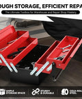 18 Inch Metal Tool Box With 3 Layer Folding Cantilever Tray System, 5 Drawers, open red trays showing tools inside