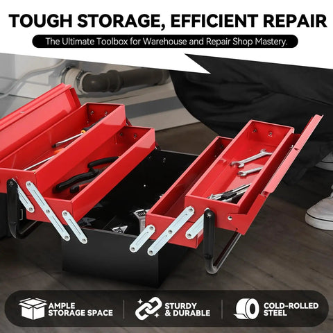 18 Inch Metal Tool Box With 3 Layer Folding Cantilever Tray System, 5 Drawers, open red trays showing tools inside