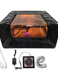 Protective Laser Enclosure with Built In Ventilation and LED Light for your Laser Cutter, no fuss fireproof dustproof shield with exhaust fan and pipe kit, stops smoke odor and noise, 650x650x330mm displayed with accessories front view.