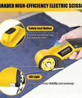 Cordless Electric Scissors With LED Light For Precise Cutting, in use showing safety lock button, LED light, and ergonomic design.