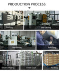 Production process images showing tooling, die-casting, machining, polishing, electric plating, finish coat, and packing.