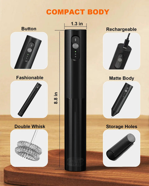 Soenglyun 3 Speed Rechargeable Milk Frother Handheld Press With Travel Cover showcasing buttons, charging port, and double whisk design.