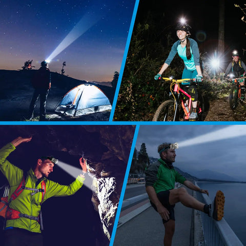People using Beefy LED Headlamp With Digital Display Screen for camping, biking, cave exploration, and running at night