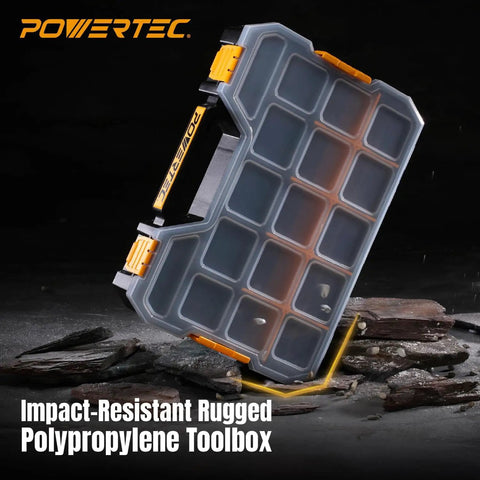 Front view of stackable tool box organizer with removable dividers creating up to 17 compartments interlocking and portable design