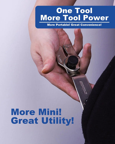 Person holding 4 In 1 Adjustable Wrench And Bottle Opener Tool For Grinders, Multi Function Pin Spanner, durable nickel plated steel.