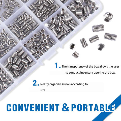 Stainless Steel Flat Point Set Screw Kit with Hex Socket Grub Screws M2 through M8, assortment in transparent box with hex keys