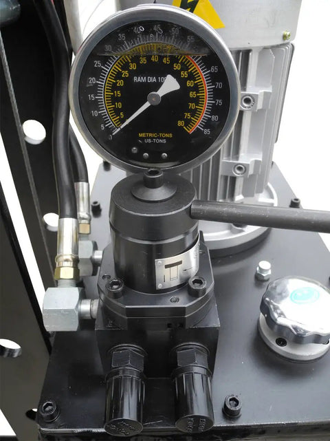 50 Ton Electric Hydraulic Shop Press with precise pressure gauge for auto and metalworking, industrial steel frame.