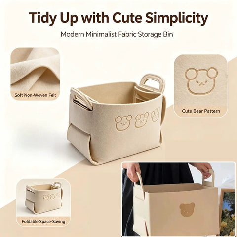 Hardcore Foldable Felt Storage Basket With Dual Handles Slick Collapsible Fabric Bin Organizer For Shelves Closet Laundry Keeps Your Crib Lookin Fresh Hassle Free Game Changer For Toys Nursery Bedroom Office In Brown with soft non-woven felt material and cute bear pattern.