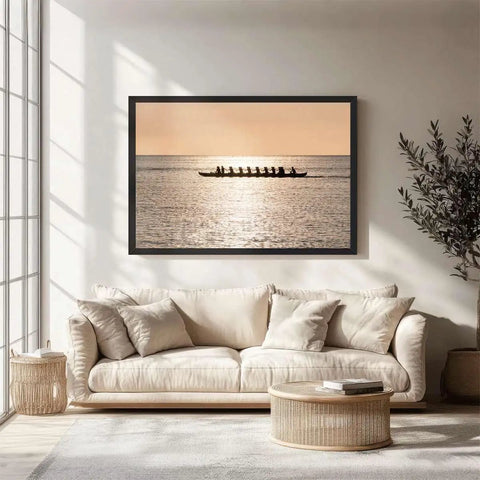 Sunset Rowing Team Canvas Print With Ocean Silhouette Minimalist Wall Art For Living Room And Office, 24x36, framed on wall