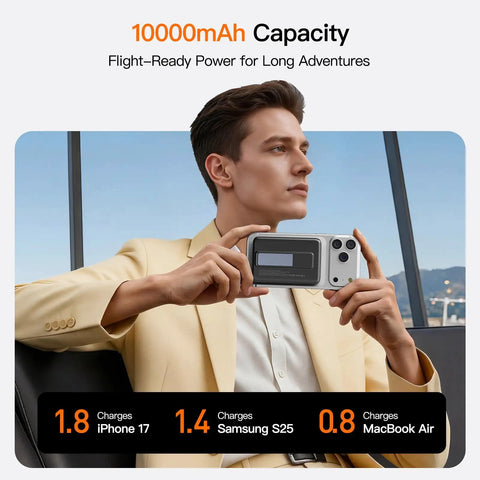 Man holding Magnetic Portable Charger With Built In Cable 10000mAh Power Bank Featuring Smart Led Display and Quick Charge.
