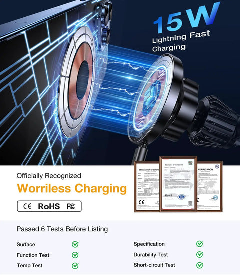 2 In 1 MagSafe Car Charger And Phone Holder With Ultra Sticky Dashboard Mount For iPhone 17 16 15 14 13 12 11 Delivers 15W Wireless Fast Charging And Locks Tight On Rough Roads For Men And Women graphic showing wireless charging.