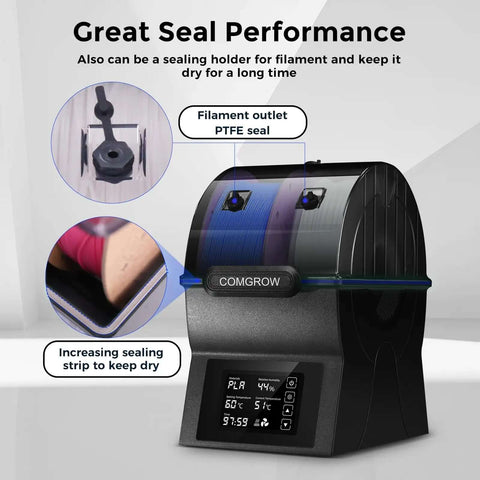 Dual Spool Filament Dryer Box for Makers with PTC Fast Heater and Touch Screen featuring sealing performance and PTFE seal