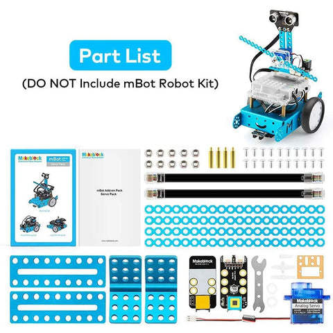 Three In One Servo Pack For mBot Upgrade Turns Your Bot Into A Dancing Cat, A Head Shaking Cat, Or A Light Emitting Cat With Easy To Follow Assembly Guide And Quick Setup Ideal For STEM Projects And Makers., part list and included mBot servo kit pieces