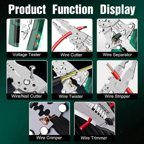 All In One Foldable Wire Stripper With Voltage Tester For Electricians displaying various functions with detailed views.