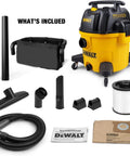 Components of 9 Gallon Poly Wet Dry Vacuum For Workshop And Jobsite Cleanup, 5 Peak Horsepower Shop Vacuum on display.