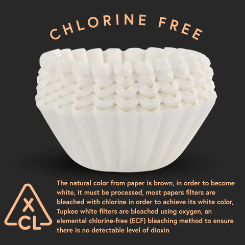 Stack of chlorine-free extra large coffee filters for commercial brewers with text about natural bleaching process.