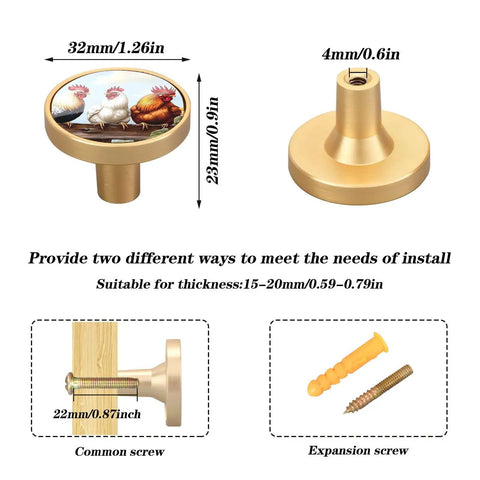 Budget Friendly Dope Gold Rooster Sunflower Cabinet Knobs Four Pack Round Drawer Pulls with size and installation details