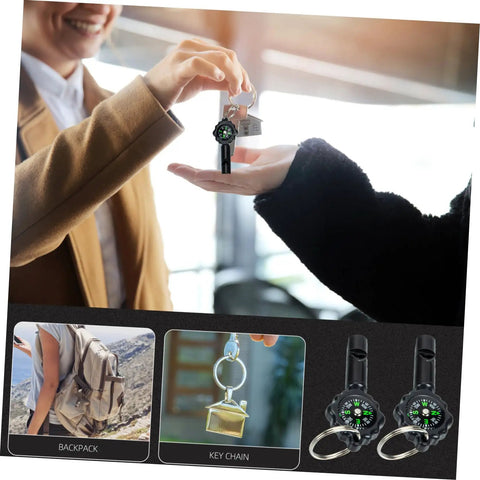 Hands exchanging Three Pack Survival Whistles Keychain With Directional Indicator For Outdoor Emergency Use, Camping, Hiking.