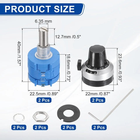 Two Pack 3590S-2 201L 200 Ohm Rotary Potentiometer parts with knob cap, washer, nut, and hex wrench, detailed sizes shown