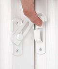 Four Pack White 90 Degree Flip Barn Door Lock Latch in use, stainless steel gate security lock on barn door, sturdy and durable