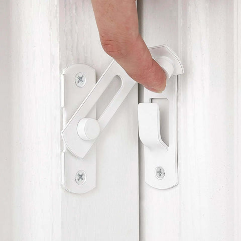 Four Pack White 90 Degree Flip Barn Door Lock Latch in use, stainless steel gate security lock on barn door, sturdy and durable