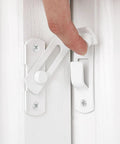 Dang Tough White Flip Barn Door Locks Corrosion Resistant Heavy Duty 90 Degree Slide Bolt Latches being operated on a door.