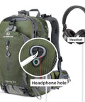 40L Go-To Waterproof Hiking Backpack For Men And Women, Ultra Lightweight Camping Travel Daypack, green backpack with headphone hole