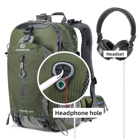 40L Go-To Waterproof Hiking Backpack For Men And Women, Ultra Lightweight Camping Travel Daypack, green backpack with headphone hole