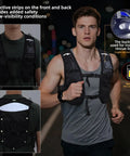 Man wearing lightweight hydration running vest pack with adjustable chest straps and front pockets on night run for easy hydration