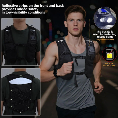 Man wearing lightweight hydration running vest pack with adjustable chest straps and front pockets on night run for easy hydration