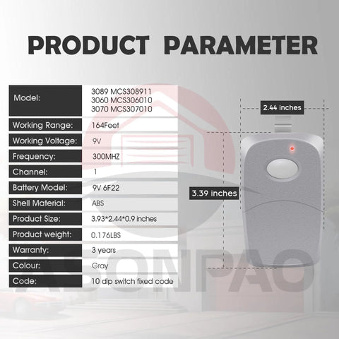 MultiCode Gate Opener Remote Compatible With 300MHz 3089 308911 MCS308911 3060 3070 Garage Door Opener shown with 10 dip switch system specifications
