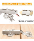 2 Pack Frameless Full Overlay Soft Close Cabinet Hinges With 35mm Cup Adjustable Clip On Plate Nickel Finish Hidden European Hinges For Cabinets Built To Last Precision Engineered For Quiet Durable Kitchen And Bathroom Cabinet Doors, shown in quick-install setting on wooden cabinet door.